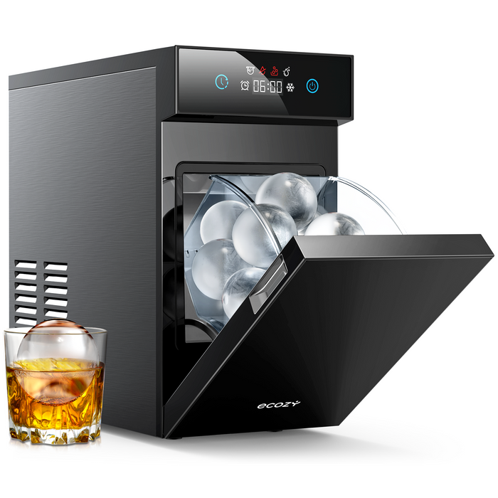 【世界最小クラス】ecozy 全自動丸氷製造機 製氷機 丸氷 まる氷 高純度の透明氷 業界最速 約40分１個 自動洗浄機能付き タイマー予約 直径60mm 溶けにくい CrystalFlux独自技術 保冷機能アップ タッチパネル 1日36個の氷 ウイスキー ハイボール・ロック・水割り ロックアイス アイスボールメーカー 保存用氷ボックス付き