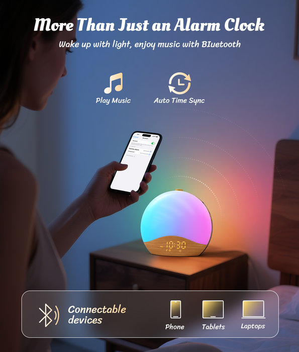 ecozy 目覚まし時計 光 ホワイトノイズマシン 26種癒し音 17種ライト 虹色RGBライト 20段階調光  日出＆日没シミュレーション 光で起きる デジタル時計 Bluetoothスピーカー ベッドサイド 授乳 読書 間接照明 安眠 癒しグッズ めざまし時計 大音量 E60A