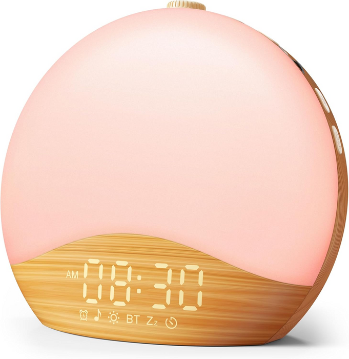 ecozy 目覚まし時計 光 ホワイトノイズマシン 26種癒し音 17種ライト 虹色RGBライト 20段階調光  日出＆日没シミュレーション 光で起きる デジタル時計 Bluetoothスピーカー ベッドサイド 授乳 読書 間接照明 安眠 癒しグッズ めざまし時計 大音量 E60A